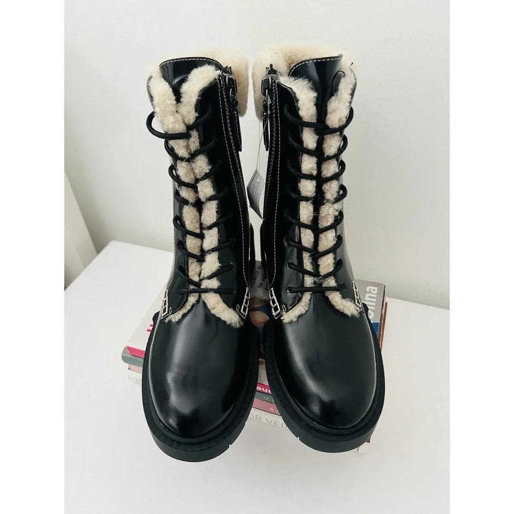 COACH Black High Shine Leather Shearling Combat Booties Uniform Dress Shoes 9.5B